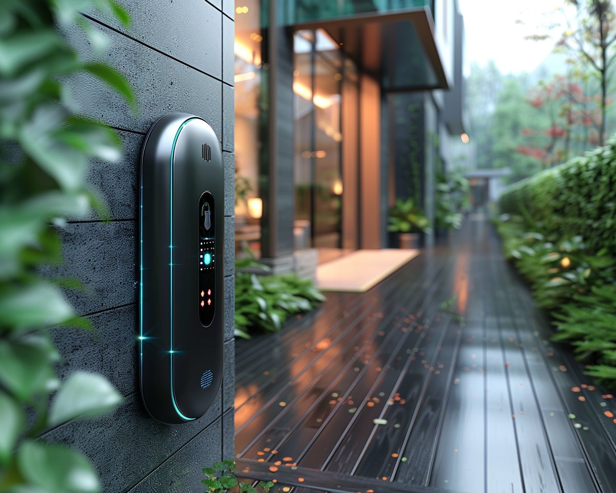 Serrure intelligente sur mur moderne extérieur.