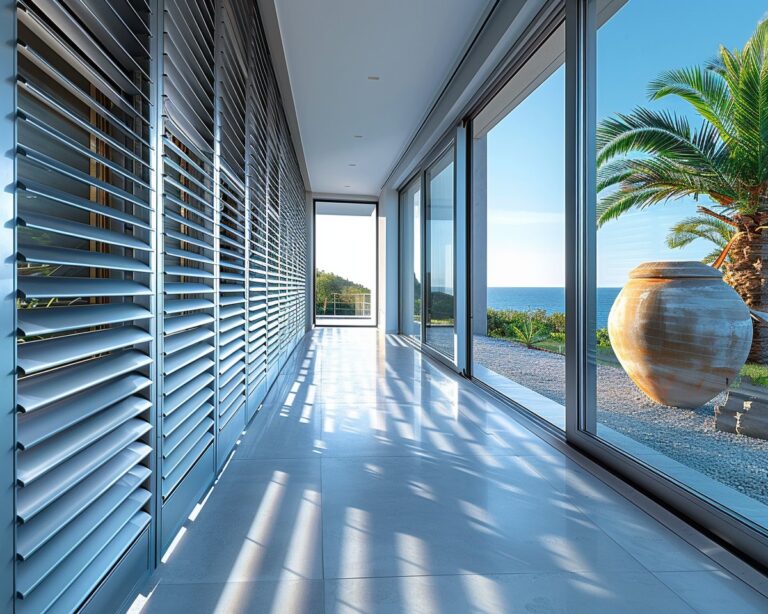 Intérieur moderne, vue mer, design épuré.