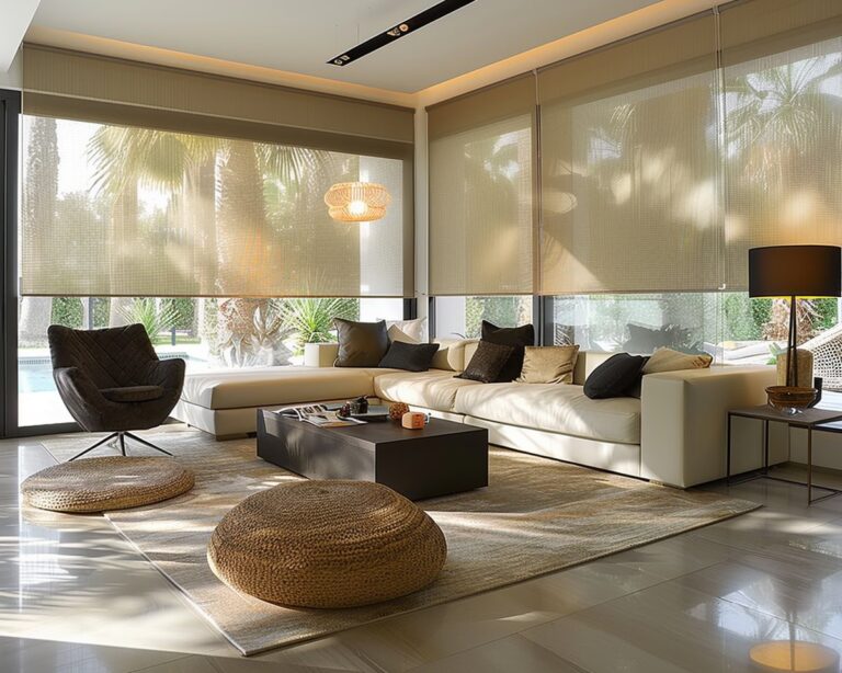 Salon moderne et lumineux avec vue sur palmiers.