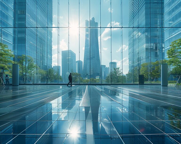 Vue moderne de gratte-ciels vitrés avec réflexion.