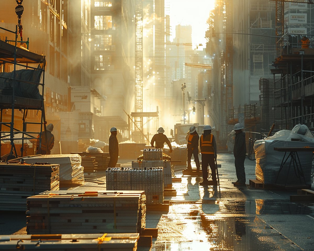 Ouvriers sur chantier urbain au lever du soleil.