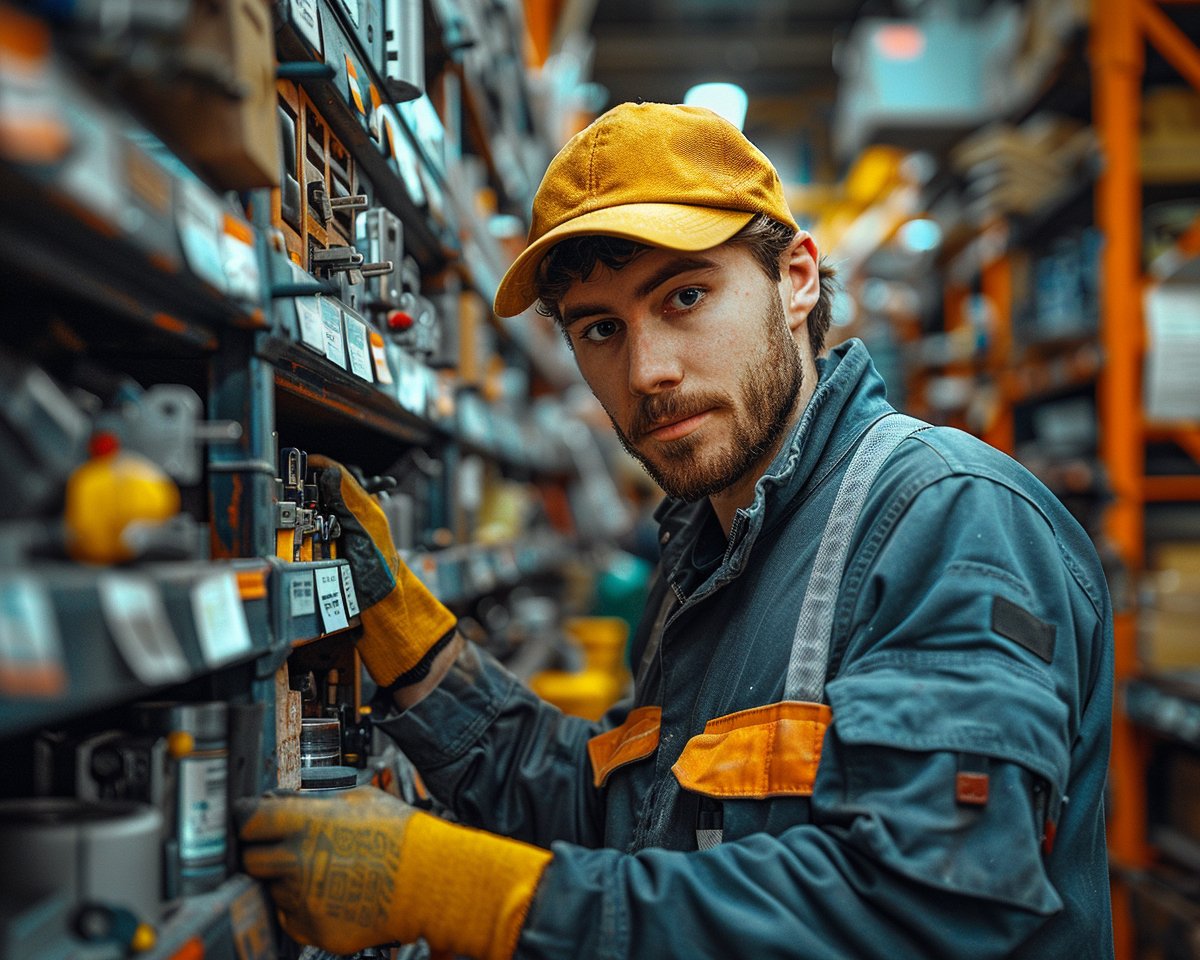 Ouvrier avec casquette choisissant des outils en entrepôt.