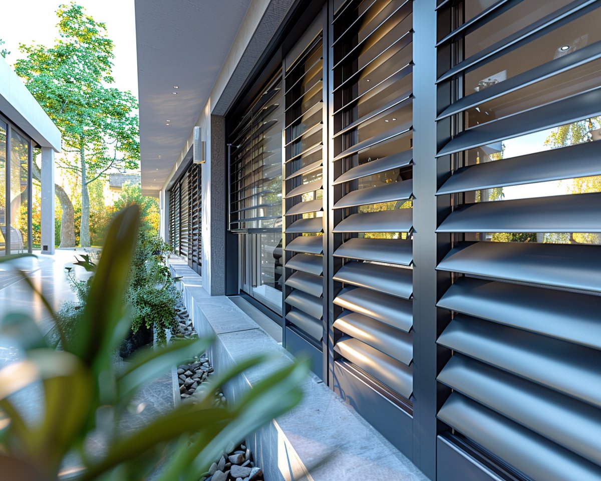 Façade moderne avec persiennes métalliques et jardin zen