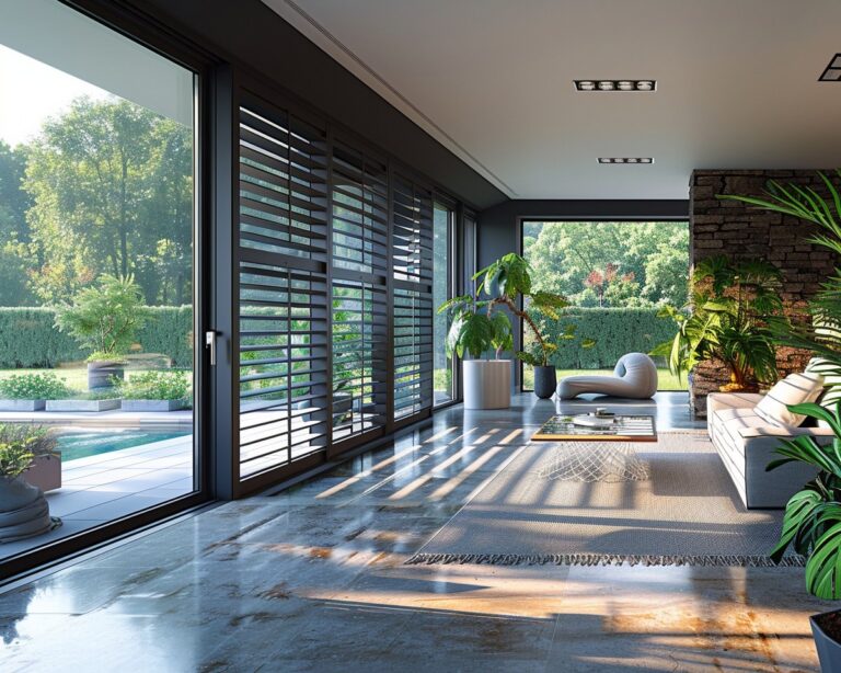Salon moderne lumineux avec vue sur jardin.